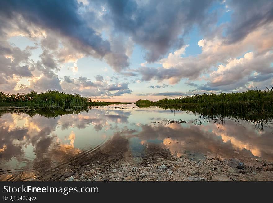 Trees, Lake And Clouds During Golden Hour