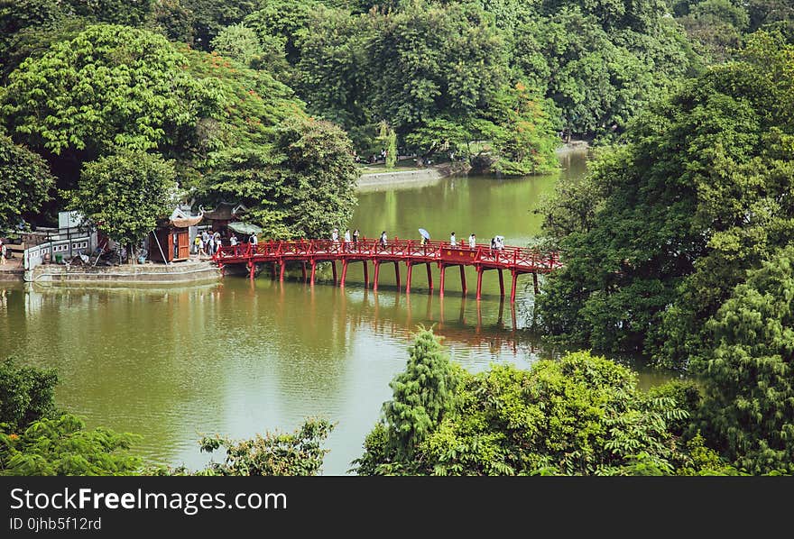 Aerial Photography of People Crossing Bridge over Body of Water