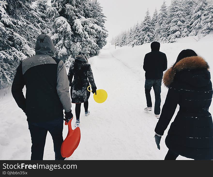 Four People Crossing the Road during Winter Season