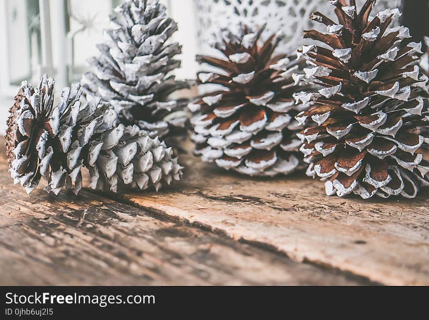 Four Pine Cones on Top of Brown Wooden Surface