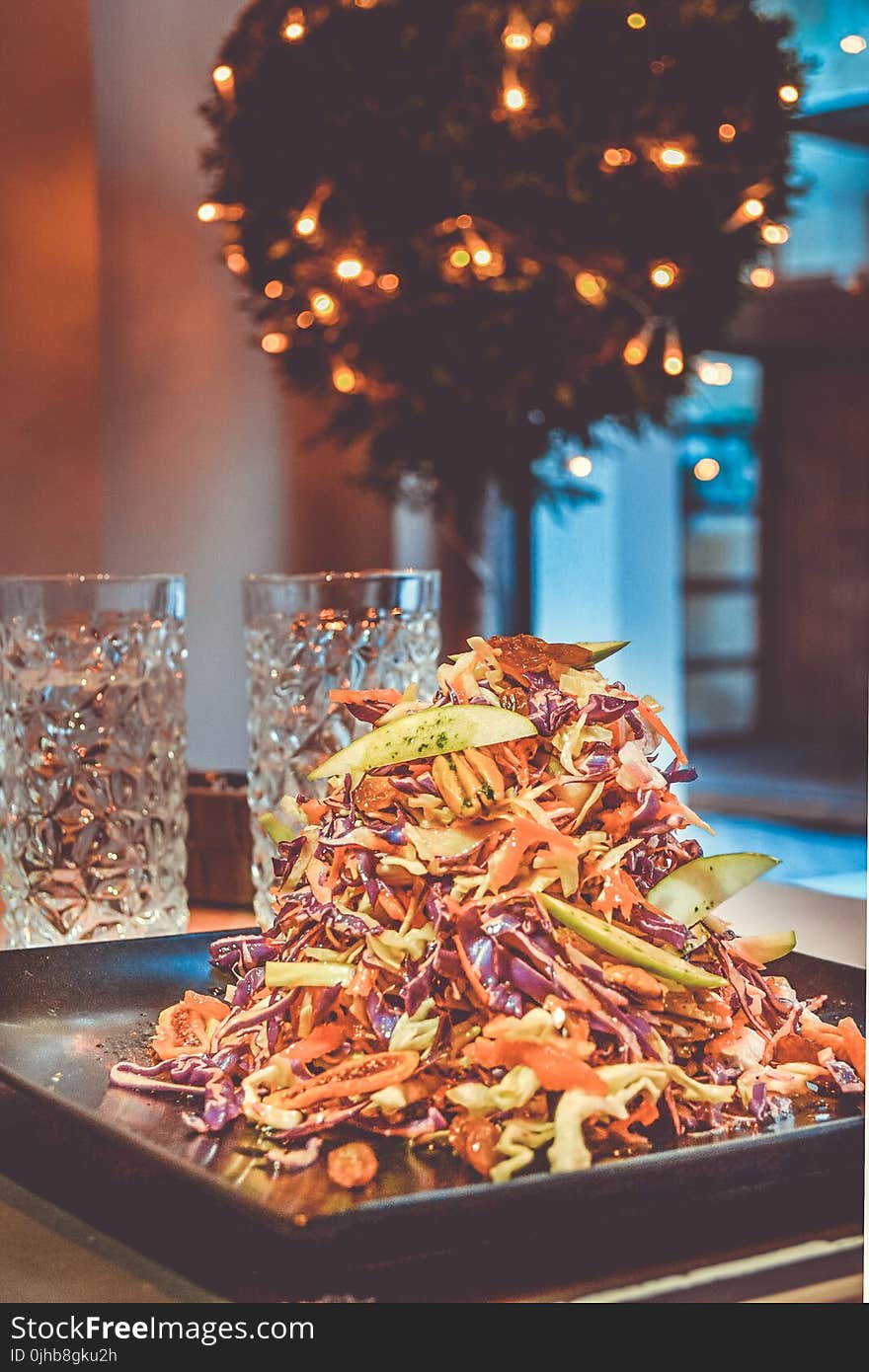 Pile of Assorted Sliced Vegetables on Square Black Plate