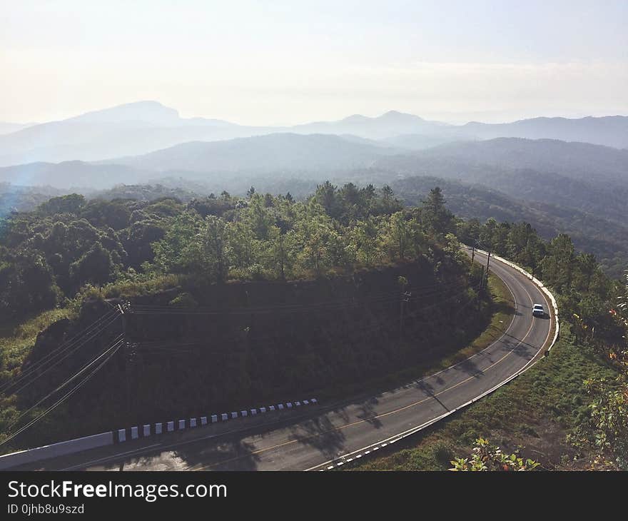 Aerial Photography of Curved Concrete Road Beside Green Trees