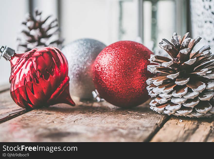 Three Red and Gray Bauble Ornaments