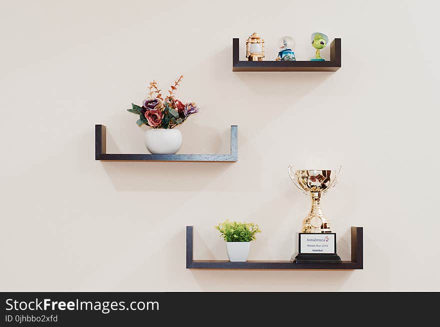 Brown Wooden Floating Shelves Mounted on Beige Painted Wall