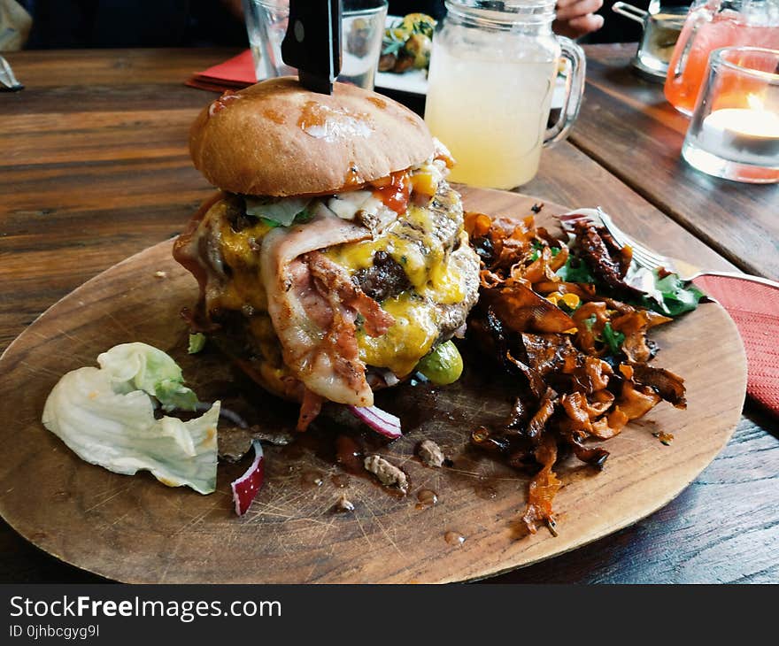 Loaded Burger on Wooden Plate