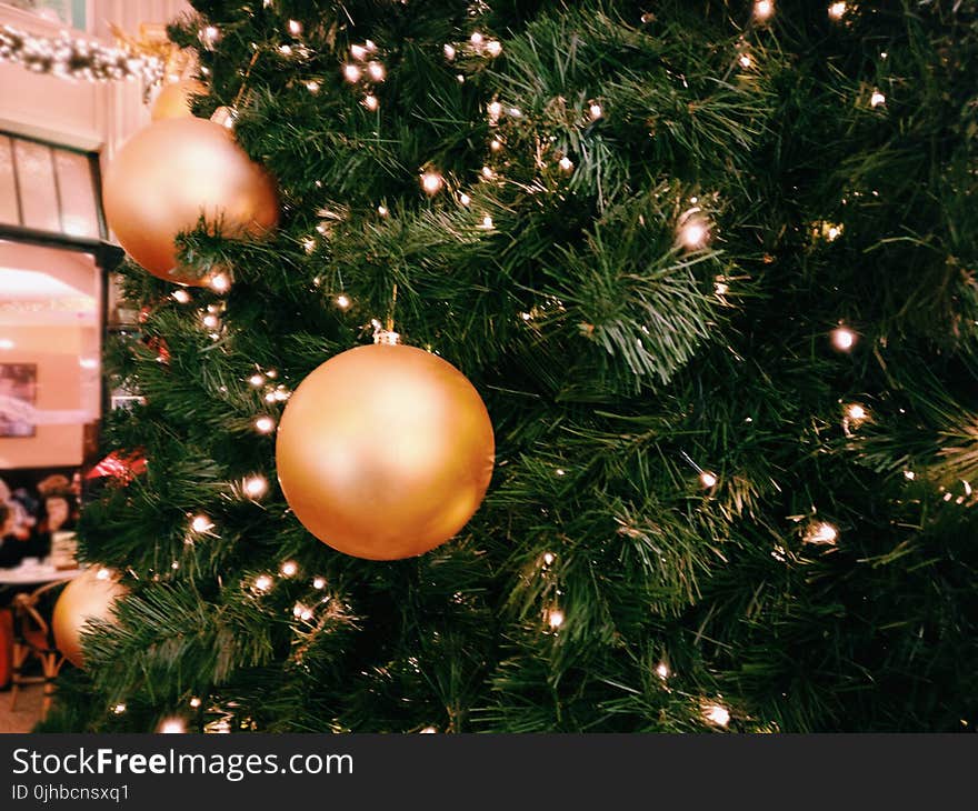 Green Christmas Tree With Three Round Gold Ornaments