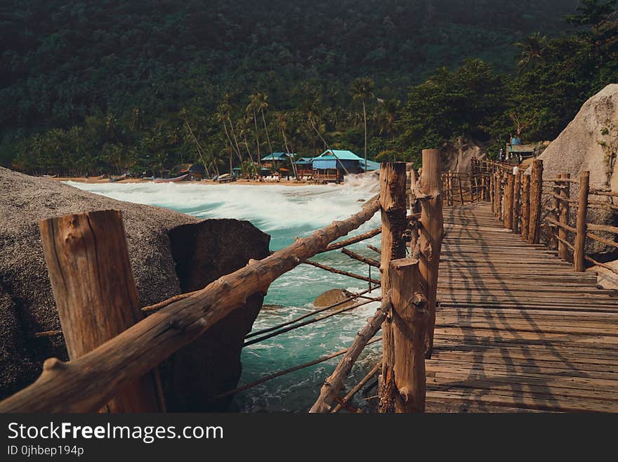 Brown Wooden Footbridge Beside Body Of Water