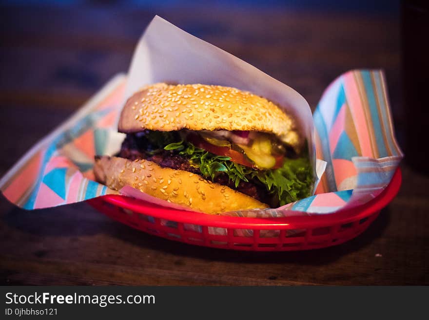 Hamburger on Red Tray