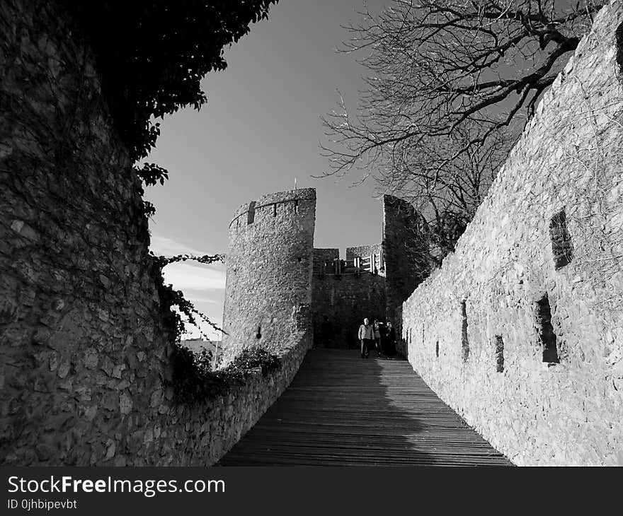 Grayscale Photography of Concrete Building With Bridge