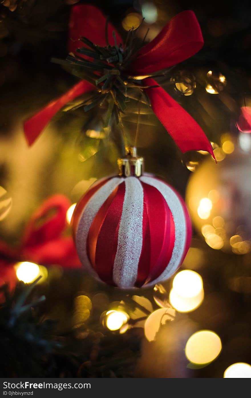 Red and White Stripe Christmas Bauble Hanging on Christmas Tree