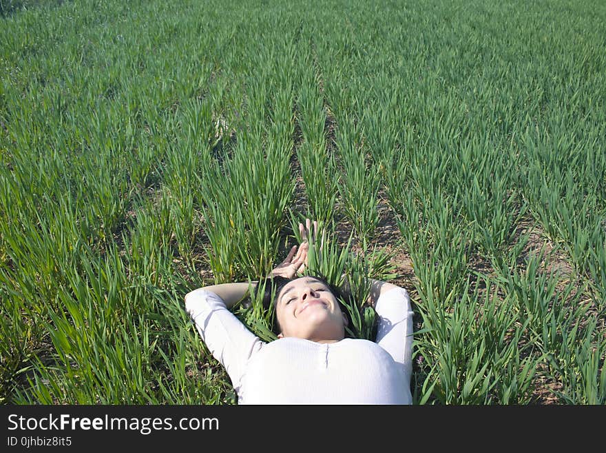 Woman Laying on Field of Green Grass