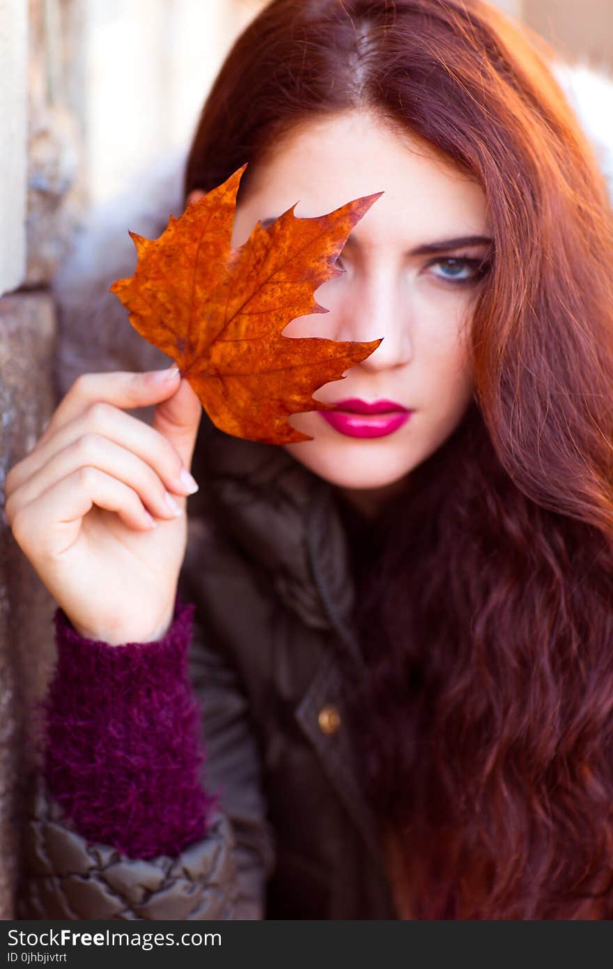 Woman Wearing Black Zip-up Jacket Holding Brown Maple Leaf