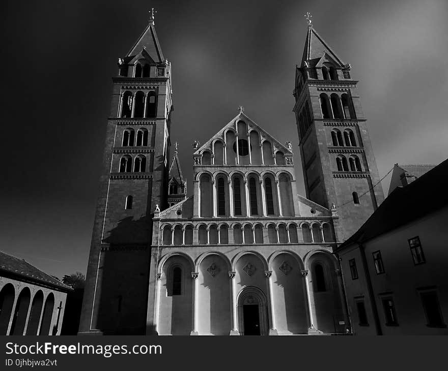 Grayscale Low Angle Photo of a Cathedral