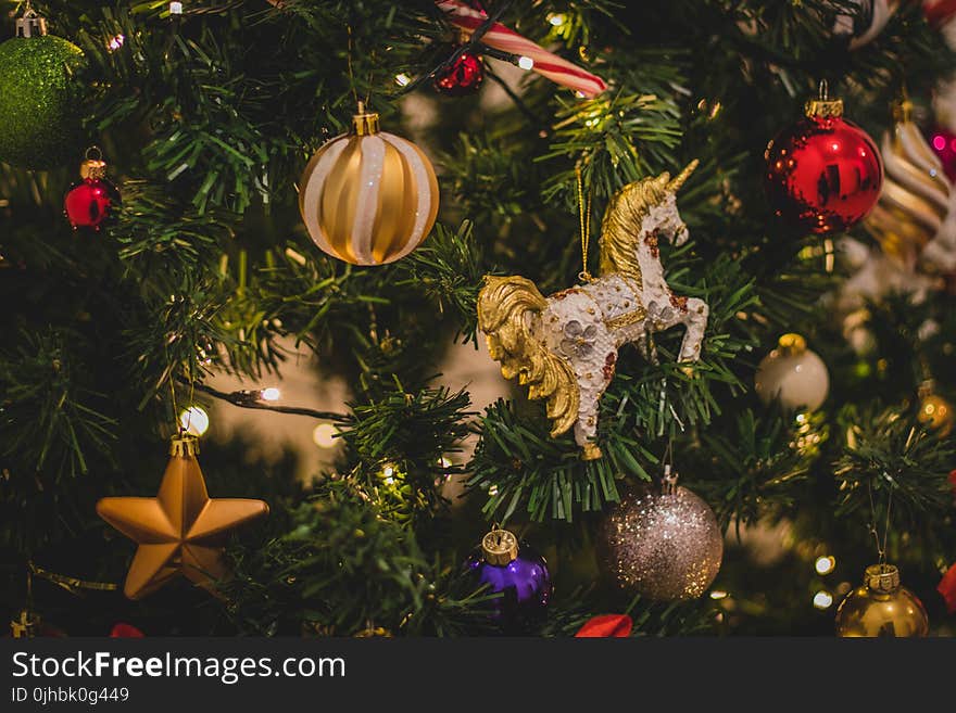 Yellow, Red, and Green Christmas Tree With Baubles