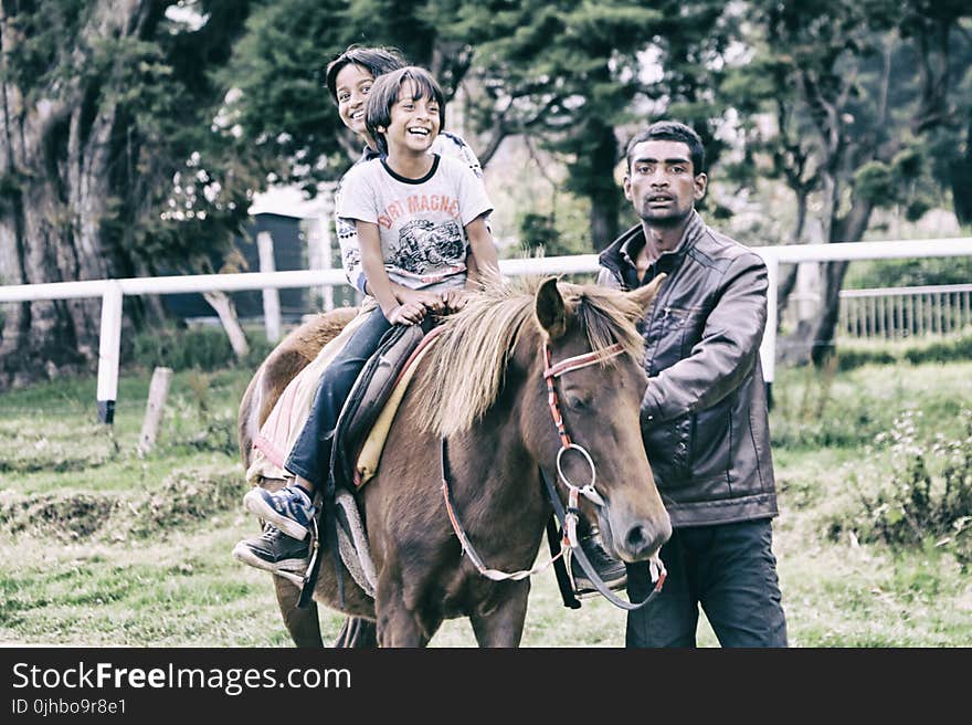 Children Riding Horse With Adult Guiding