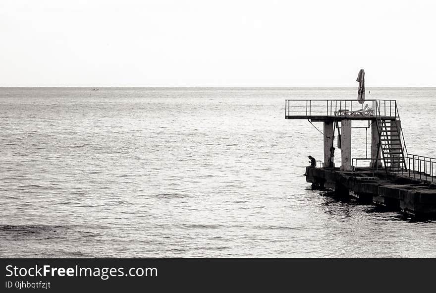 Grayscale Photo of Sea Diving Port