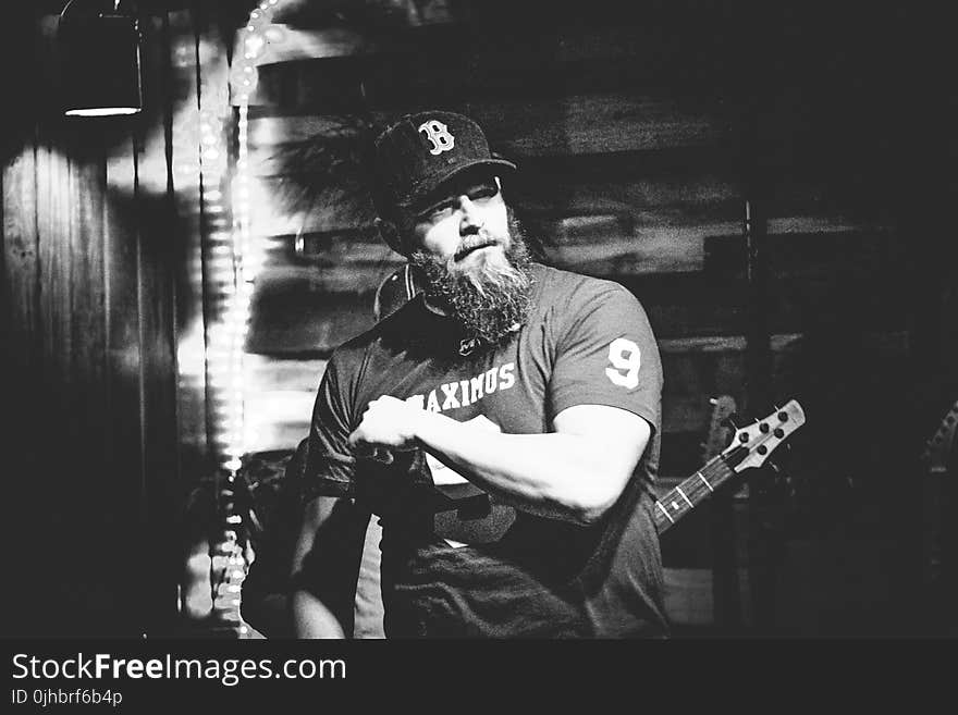 Grayscale Photo of Man in T-shirt