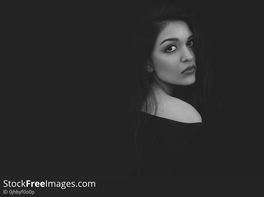 Grayscale Photo of Woman in Black Top