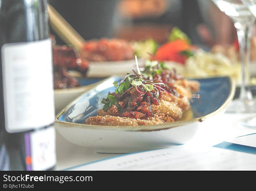 Fried Food Dish In Rectangular Blue Ceramic Plate