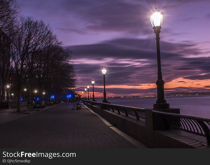 Photography of Turned on Street Lamps Beside Bay during Night Time