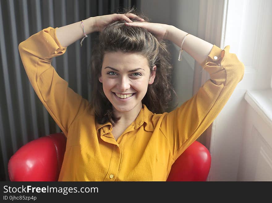 Woman Wearing Yellow Button-up Long-sleeved Dress Shirt