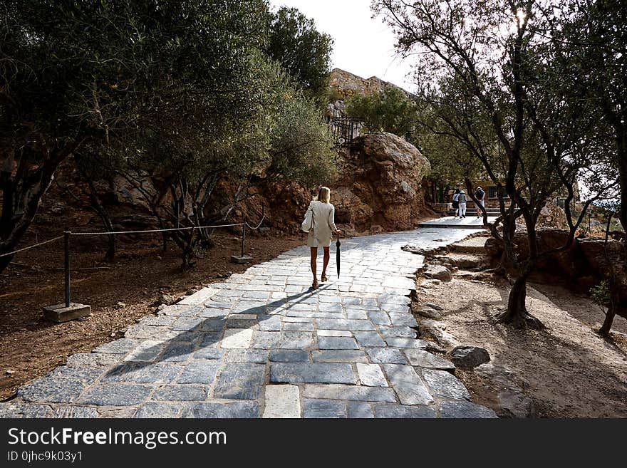 Woman Wearing White Top Holding Black Umbrella Walking On Cobblestone Pathway