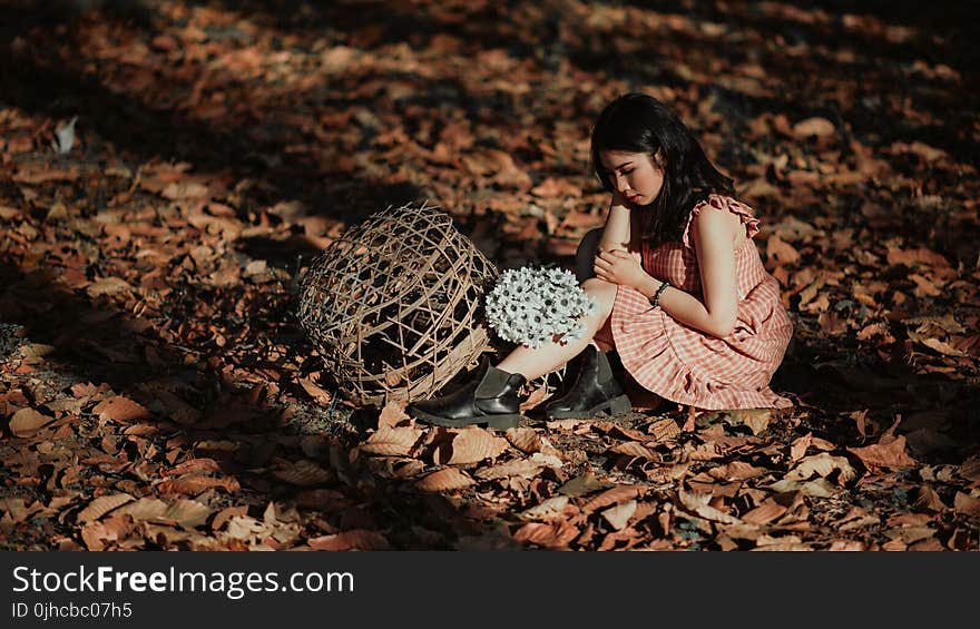 Woman Wearing Red Dress Sitting on Brown Ground With Woven Brown Basket