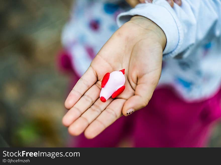 Person in Blue Floral Sweater Holding White and Red Figure