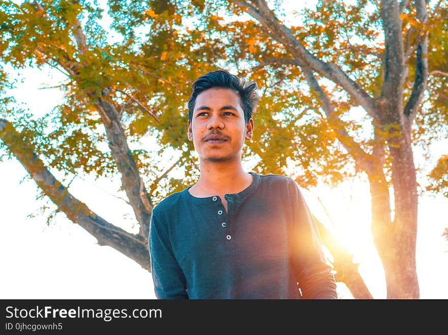 Man Wears Half-button Sweater Near Green Tree