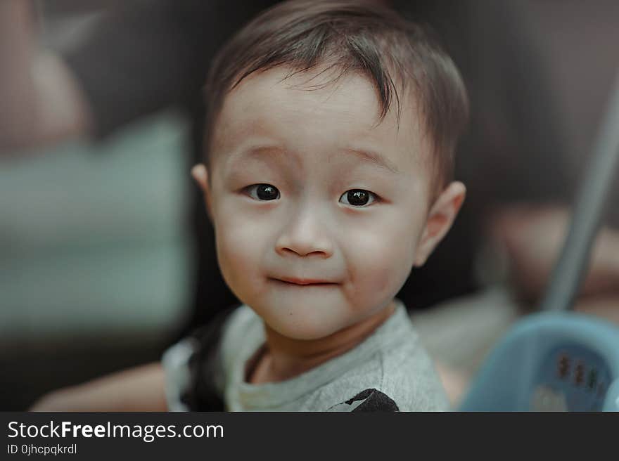 Baby in Gray and Black Crew-neck T-shirt Shallow Focus Photography