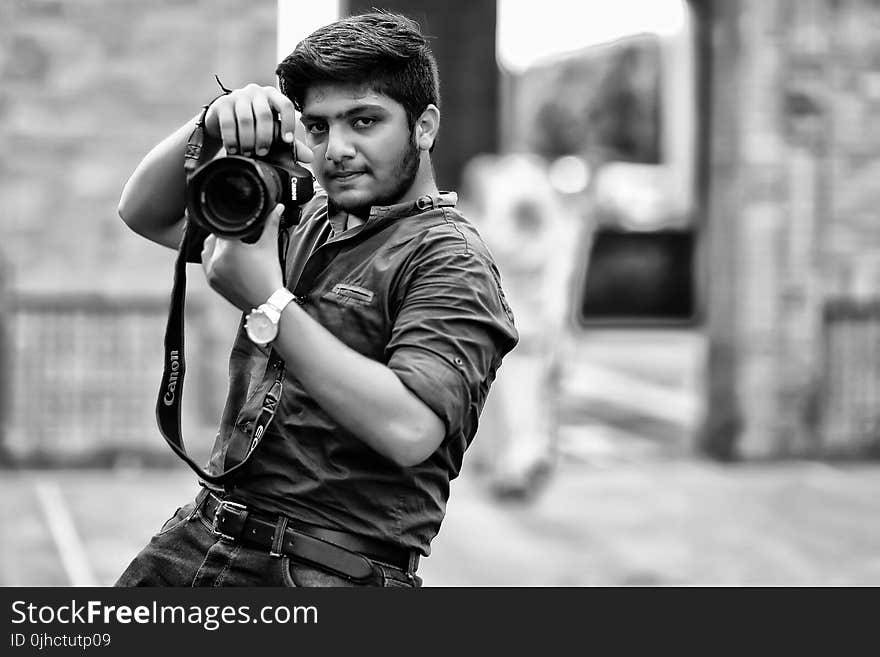 Grayscale of Man in Dress Shirt