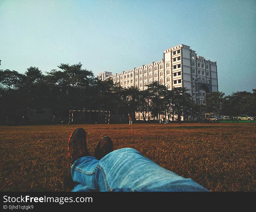 Person in Blue Denim Jean Lying on Brown Grass Field Looking at White Multi-storey Building