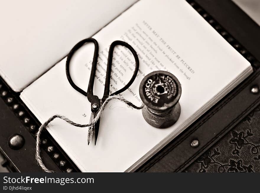 Black Scissors Near Thread Reel on White Book Page