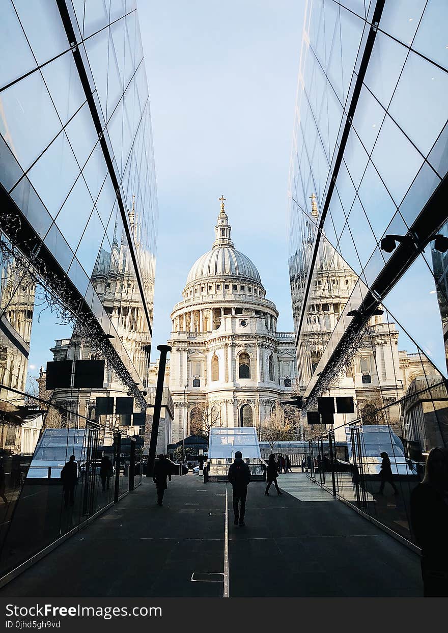 White Dome Cathedral in Between Curtain Wall Building at Daytime