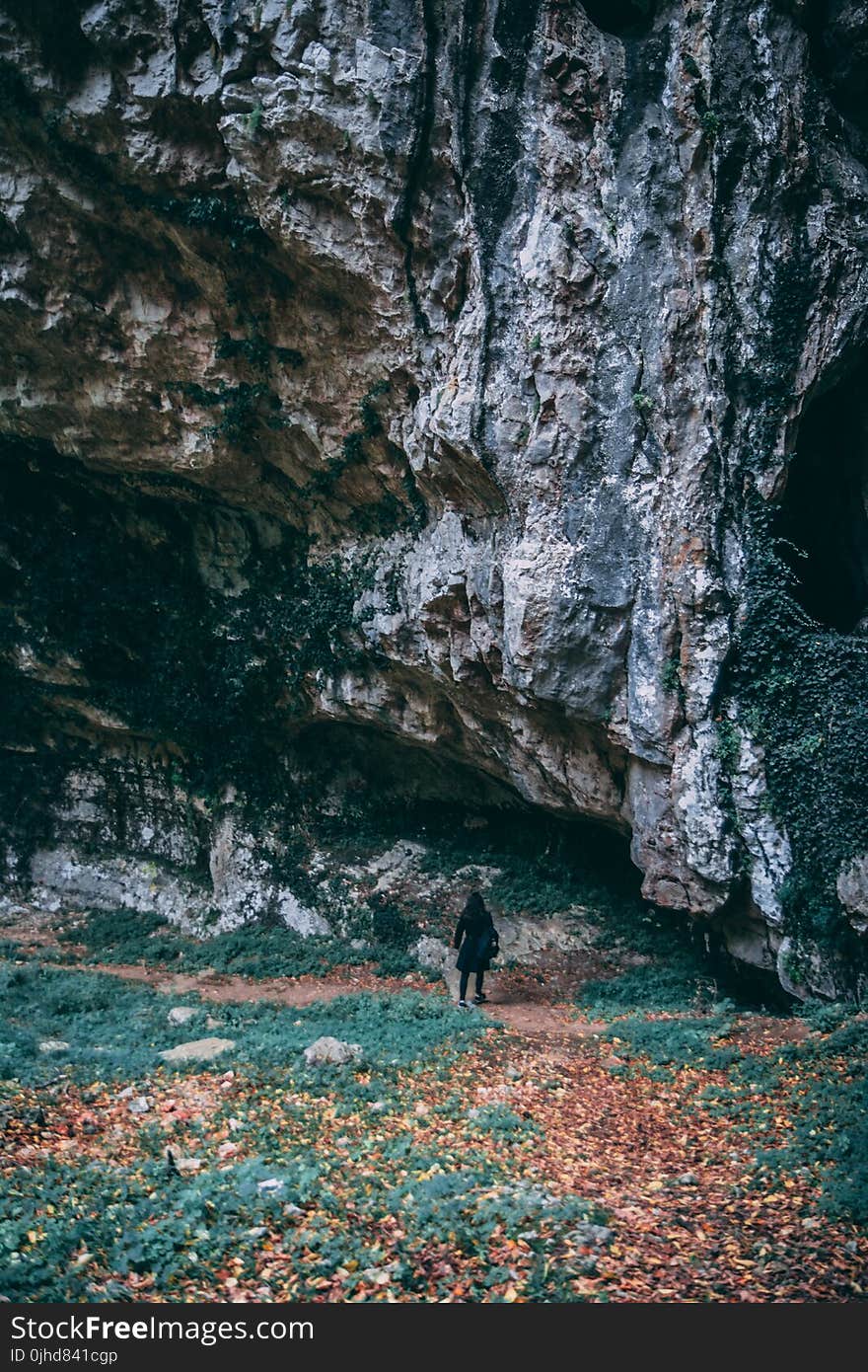 Woman Wearing Black Coat Standing Near Gray Mountain