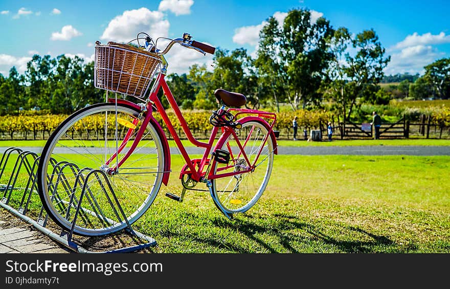 Red Cruiser Bike Parked On Metal Bike Stand