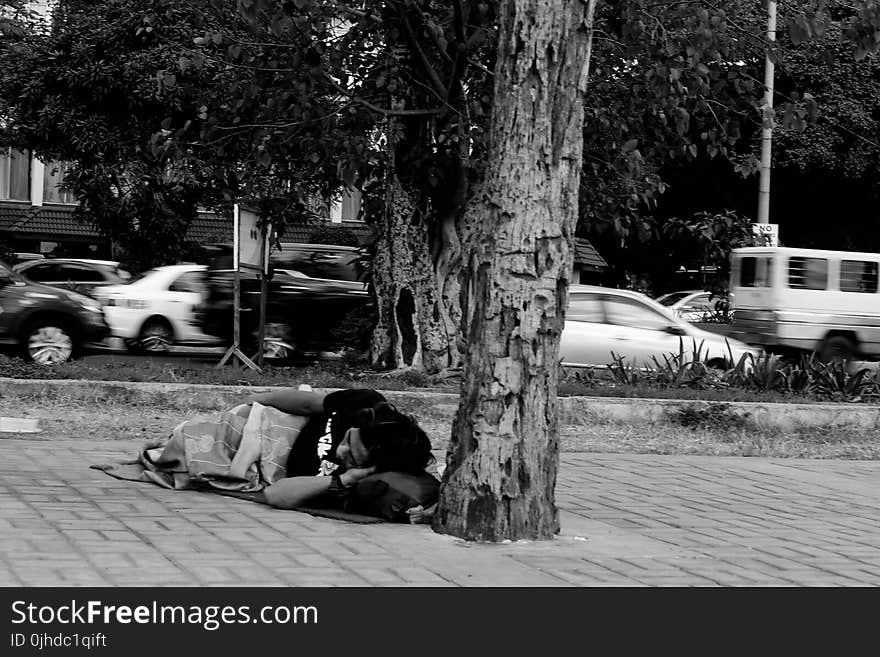 Grayscale Photo of Man Lying Beside Tree