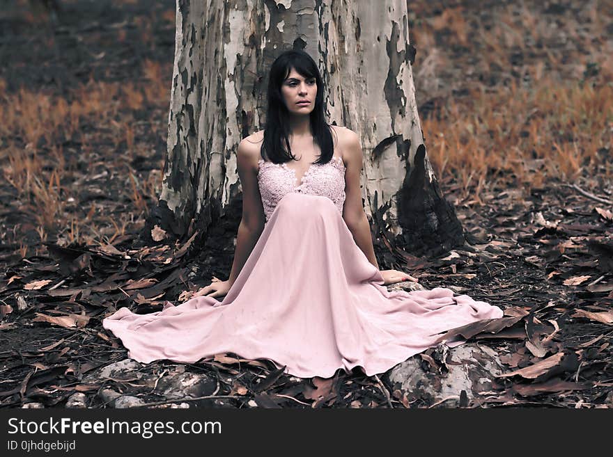 Shallow Focus Photography of Black Haired Woman in Pink Sleeveless Dress Sitting in Front of Tree