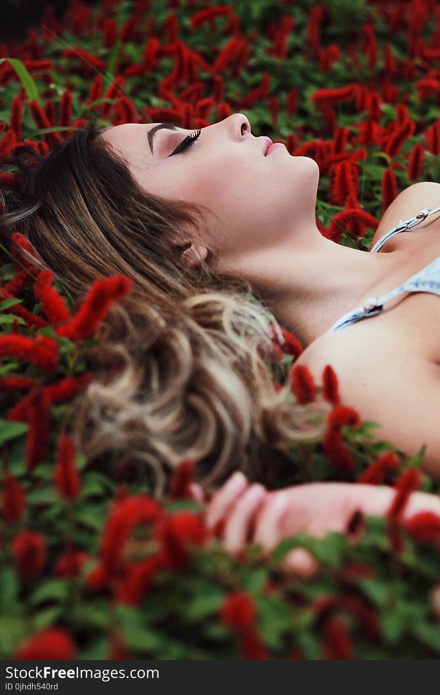 Close-Up Photography of a Woman Laying Near Plants