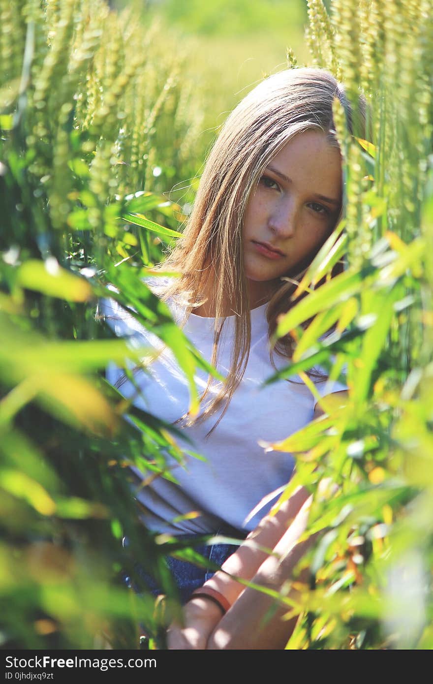 Selective Focus Photo of Woman Wearing White Shirt Between Green Wheat