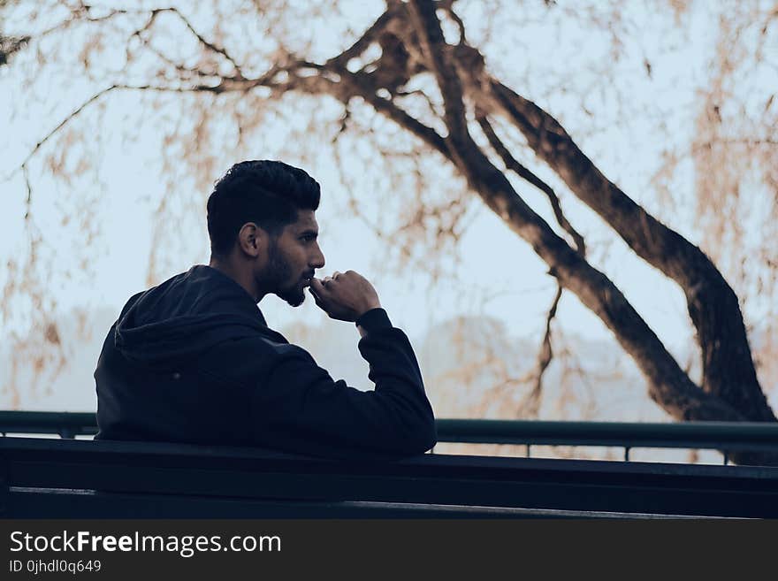 Man in Black Hoodie Sitting on Bench Near Green Trees