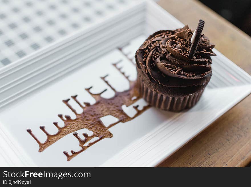 Chocolate Cupcake on Rectangular White Ceramic Plate