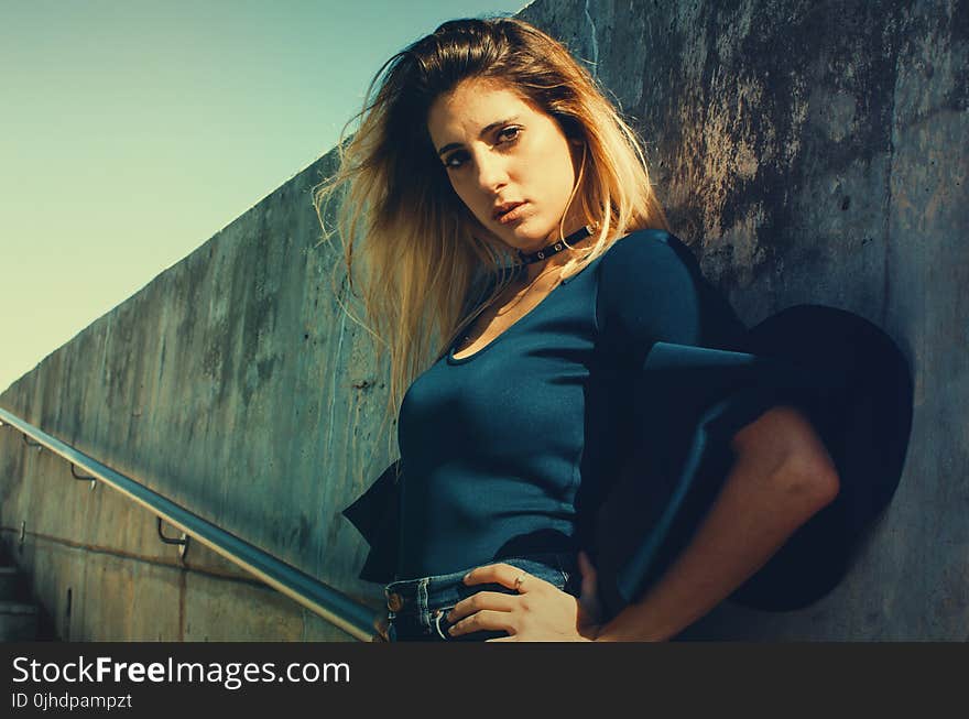 Woman Wearing Blue Scoop-neck Blouse