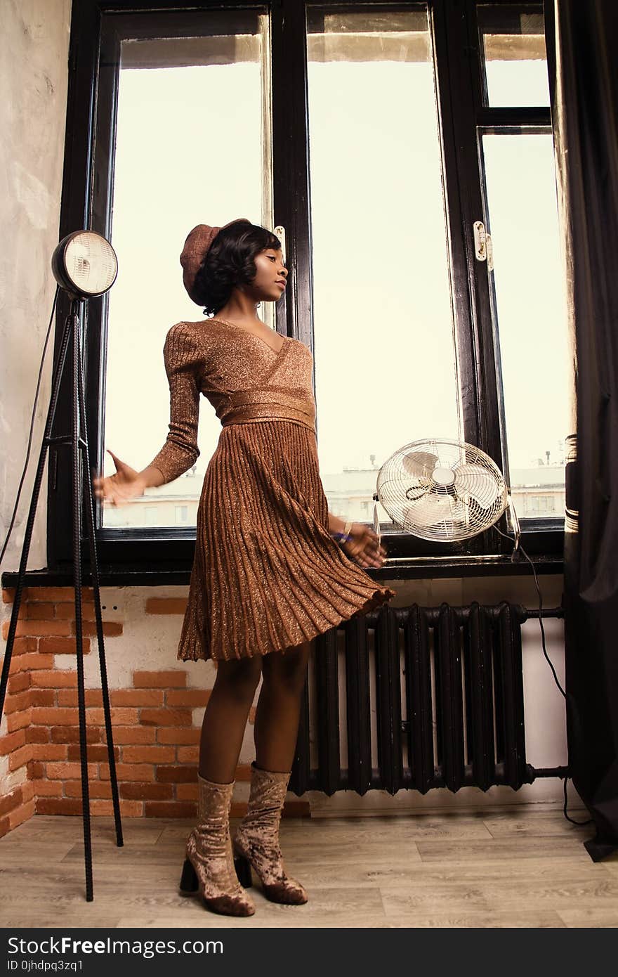 Woman in Brown Dress Standing Beside Black Desk