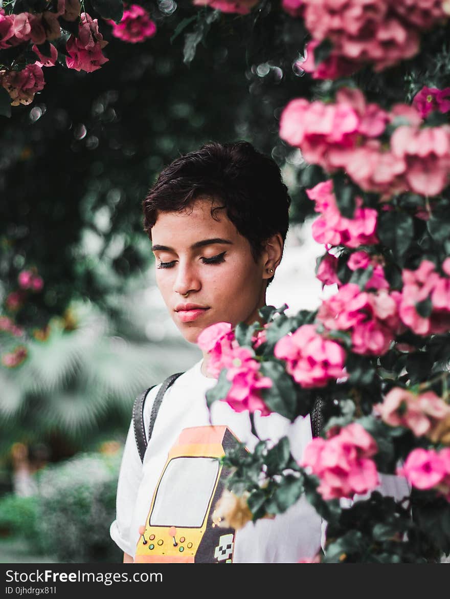 Woman Standing Beside Pink Petaled Flowers