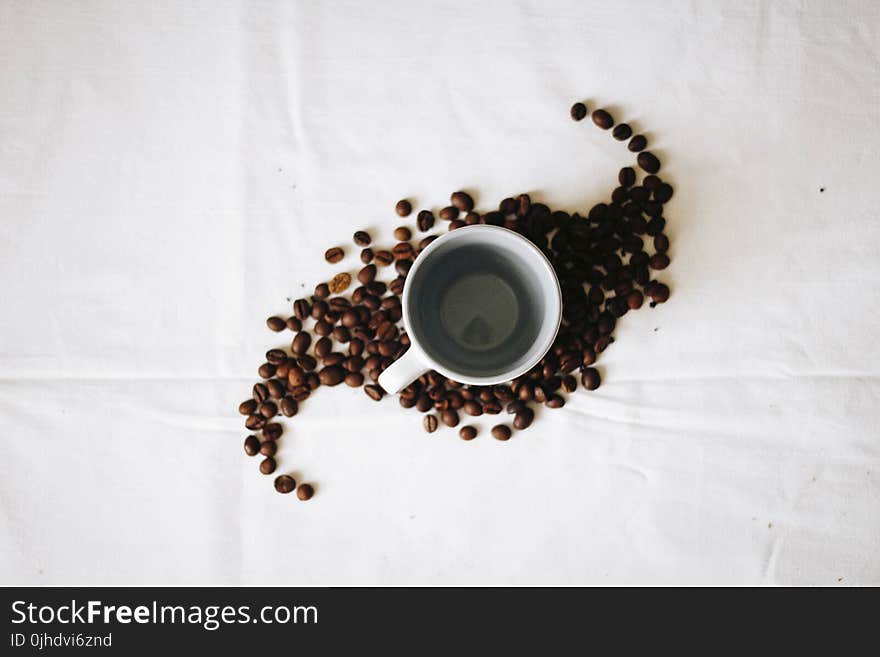 Empty White Ceramic Mug Surrounded by Coffee Grounds