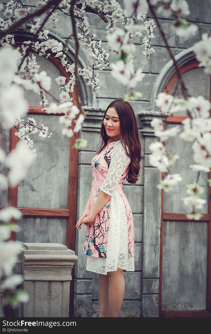 Woman Standing Beside Gray Concrete Building and Tree at Daytime