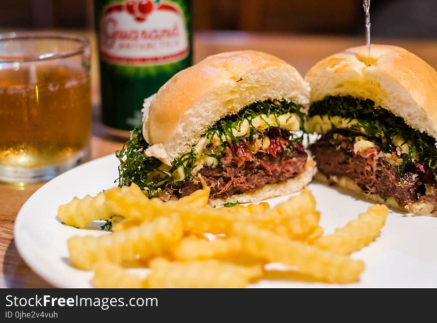 French Fries and Slice Hamburger on Plate