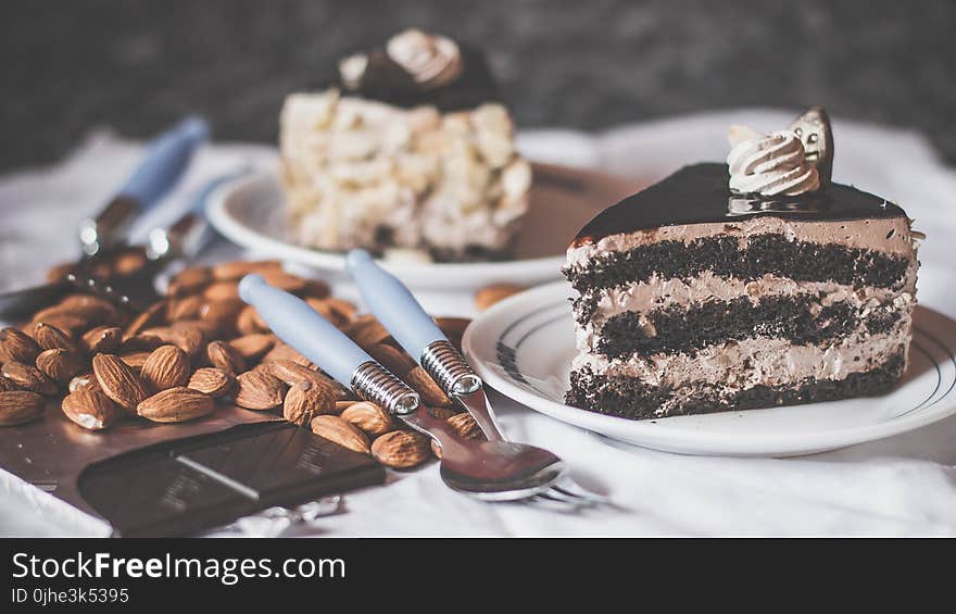 Chocolate Cake on White Ceramic Saucer