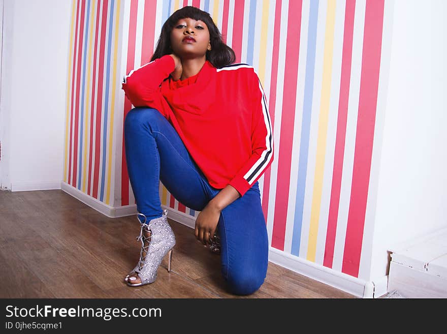 Woman Red and White Sweater